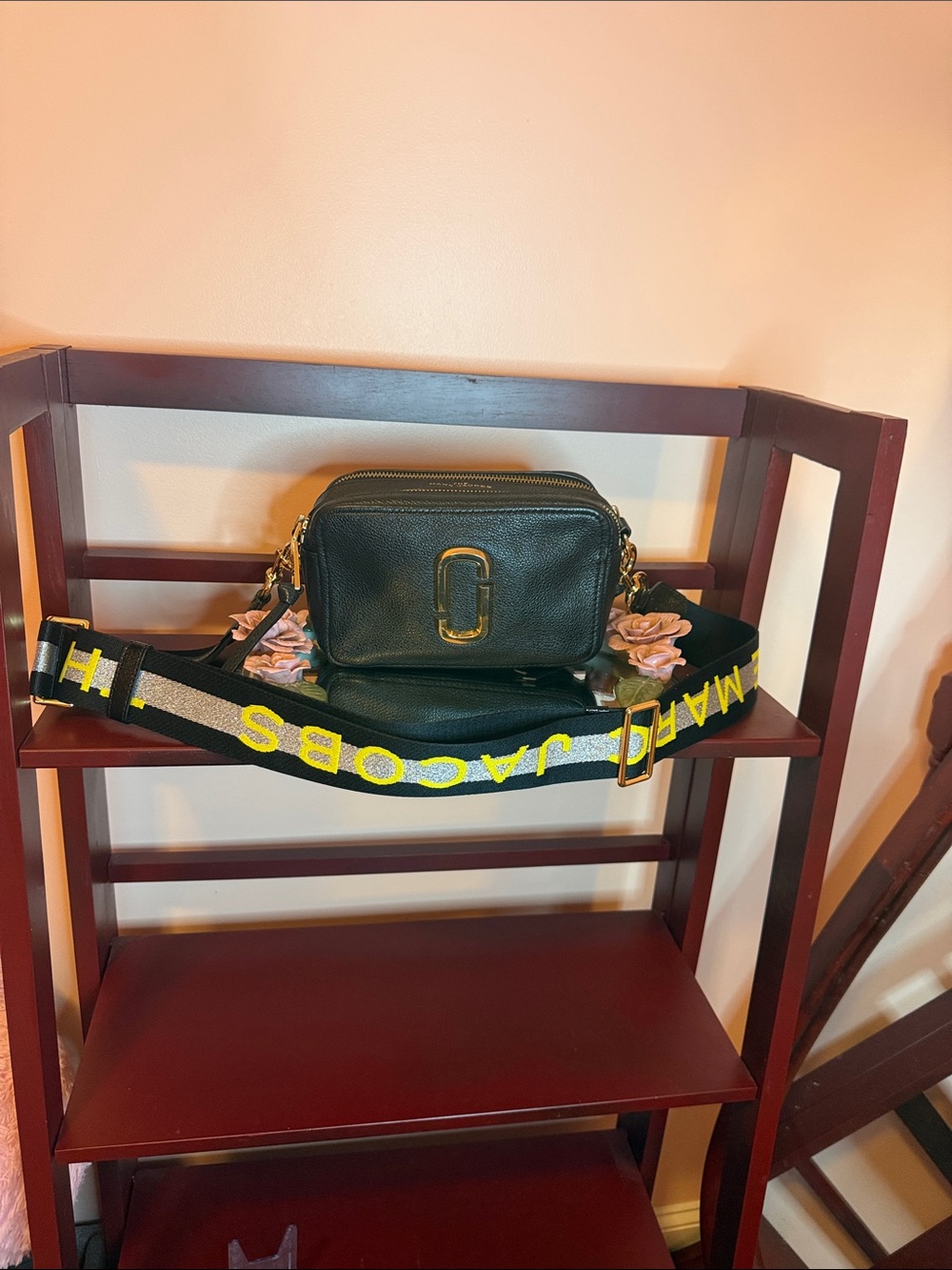 Marc Jacobs Black Leather Crossbody with Yellow Logo Strap